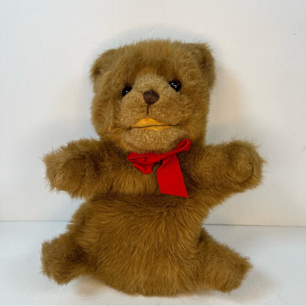 Vintage Gund Brown Bear Puppet with Red Bow Stuffed Animal Teddy Bear‎